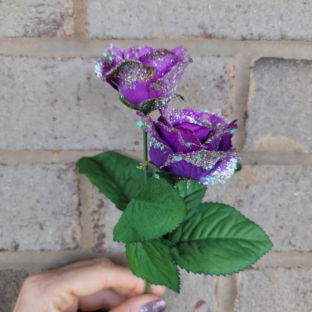 Purple roses with pale gold glitter floral decor handmade